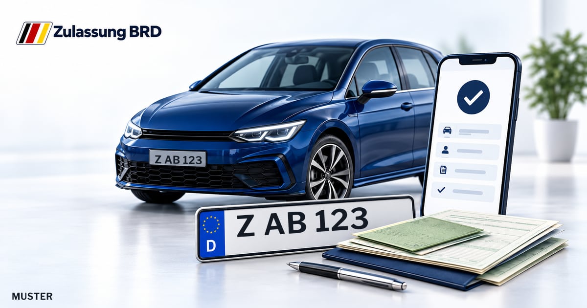 Online Fahrzeugzulassung in Landkreis Zwickau: Musterkennzeichen Z AB 123, Auto und Fahrzeugpapiere und Smartphone. Illustration mit Logo von Zulassung BRD.